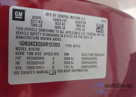 2010 Chevrolet Tahoe Ltz z USA, uszkodzony, nr VIN 1GNUKCE00AR157053